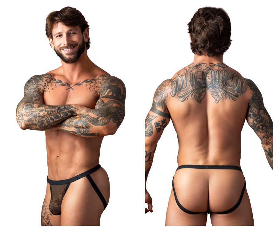 Male Power 388-11C fishnet jockstrap in black with black mesh briefs solid waistband and leg straps visible front side