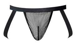 Black mesh thong with solid black waistband and side straps from male power 388-11c fishnet 2 jockstrap collection
