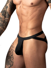 Male Power Eco Cozy jockstrap in black, featuring a contoured front pouch and unique dual-strap side design.