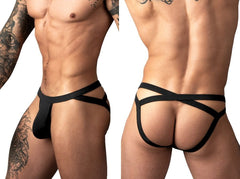 Male Power Eco Cozy black jockstrap featuring a minimal front pouch and crisscross elastic back straps.