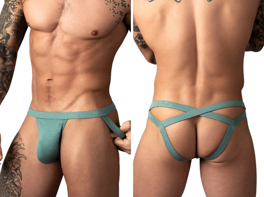 Male Power Eco Cozy green jockstrap featuring a front pouch and a unique crisscross strap design at the back.