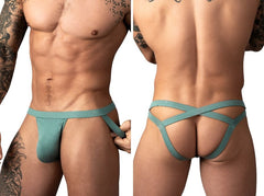 Male Power Eco Cozy green jockstrap featuring a front pouch and a unique crisscross strap design at the back.