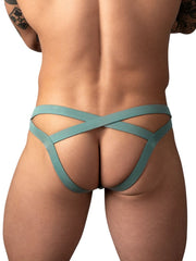 Male Power Eco Cozy jockstrap in green featuring a strappy, crisscross back design and open-seat style.