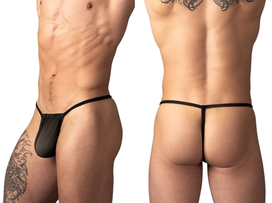Male Power 450-307 black mesh G-string featuring a minimal, thin-strap design with a semi-sheer pouch.