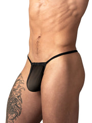 Male Power Mesh 2 G-string in black, featuring a sheer mesh pouch with a thin, minimalist waistband and side straps.