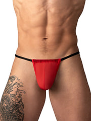 Male Power Mesh 2 G-string in red. Features a sheer, gathered front pouch on thin black side straps.