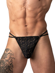 Male Power Ripple Micro V-string thong in black, featuring semi-sheer ripple-patterned lace and double-strap side rings.