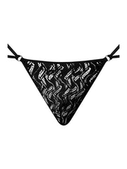 Male Power Ripple Micro V-string in black. Features sheer, wavy textured fabric with side rings and thin string straps.