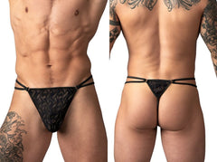 Male Power black Ripple Micro V-string thong with double-strap sides, metal rings, and textured, sheer lace fabric.