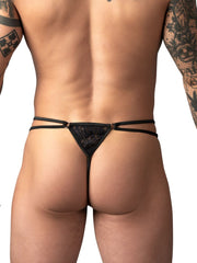 Male Power Ripple Micro V-string in black. Features lace rear panel, dual thin side straps, and metal O-ring accents.