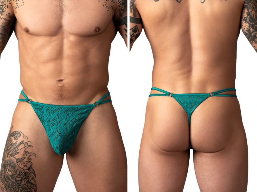 Male Power Ripple Micro V-string in teal, featuring textured fabric, ring accents, and thin double side straps.