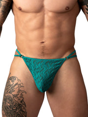 Male Power Ripple Micro V-string in teal with a wavy, open-knit pattern and side ring accents.