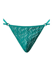 Male Power teal micro v-string thong with a ripple-patterned lace front, side rings, and thin adjustable straps.