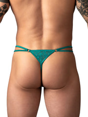 Male Power Ripple Micro V-string in teal, featuring lace fabric, double side straps, and silver O-ring accents.