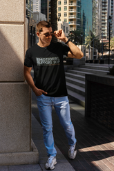 Black short-sleeved cotton t-shirt with emotional support top printed in white and gray on the chest