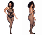 Mapale 1116X Neckholder-Bodystocking mit Blumenmuster und offenem Schritt, Farbe Schwarz