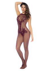 Combinaison florale Mapale 1116, dos nu et entrejambe ouvert, couleur cerise