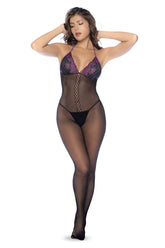 Mapale 1122 Netz- und Spitzen-Bodystocking-Set, Farbe Schwarz-Lila