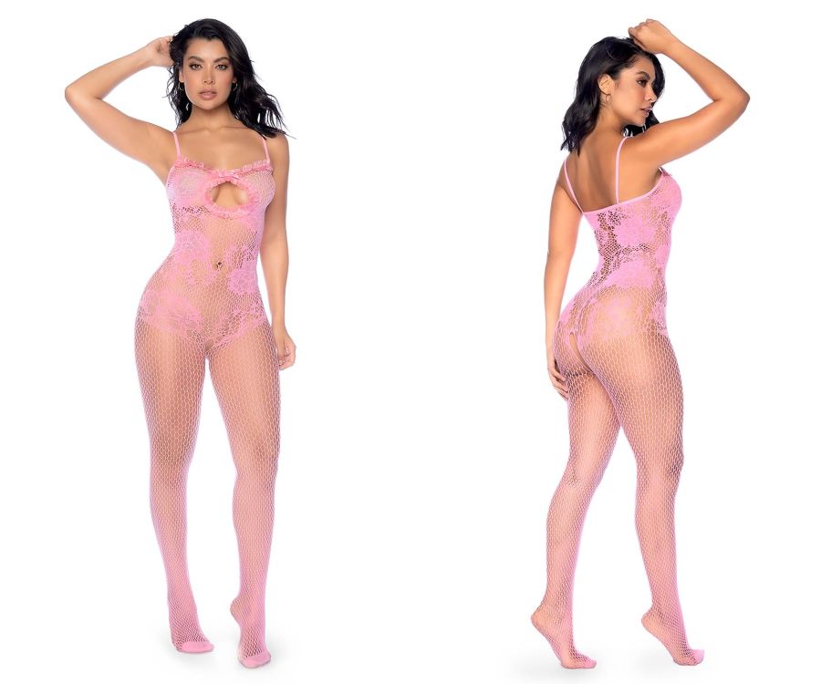 Ensemble body en résille à fleurs Mapale 1130, couleur rose bonbon