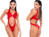 Liquid red cutout bodysuit with ring hardware and high-cut thong back, front and back views.