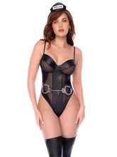 Black police costume bodysuit with sheer mesh panels, faux leather details, toy handcuffs, and matching mini hat.
