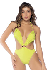 Vibrant lime green mapale 67139 one-piece swimsuit with plunging neckline and waist cut-out detail