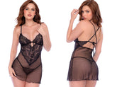 Black lace and dotted mesh babydoll set with matching thong, front and back views.