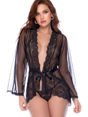 Black sheer mesh robe with lace trim, long sleeves, satin waist tie, and matching thong.