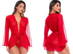 Front and back views of a red sheer robe with lace trim and matching thong.