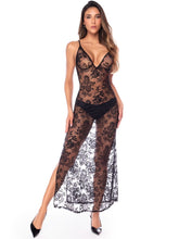 Black sheer lace maxi babydoll with thin straps and floral pattern.