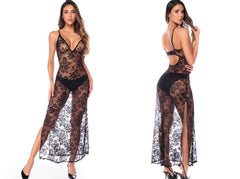 Black lace maxi babydoll with floral pattern, V-neck, thin straps, and sheer skirt with side slits.