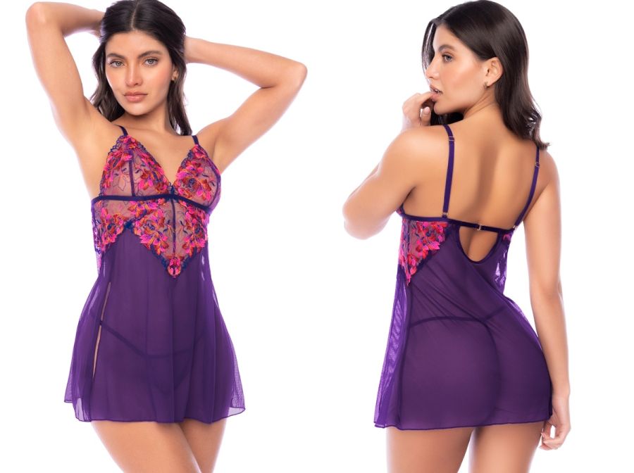 Two views of a purple babydoll featuring pink floral embroidery on the bodice, sheer skirt, and matching thong.