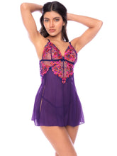Purple mesh babydoll with pink and orange floral embroidery on the cups and bodice.