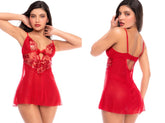 Front and back view of a scarlet red babydoll with sheer mesh skirt, lace cups, and keyhole back.