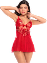 Scarlet red sheer mesh babydoll with floral lace embroidery, plunge neckline, center bow, and matching thong.