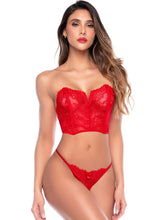 Red lace two-piece lingerie set featuring a strapless cropped bustier top and matching thong.