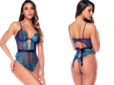 Midnight blue teddy featuring sheer mesh, turquoise lace appliques, a cutout front, and satin tie back.