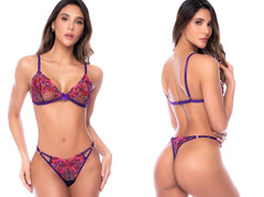 Two-piece purple lingerie set featuring sheer mesh bralette and thong with pink and orange floral embroidery.