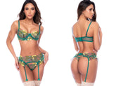 Aurora green three-piece lingerie set with floral embroidery, underwire bra, panties, and garter belt with thigh-highs.