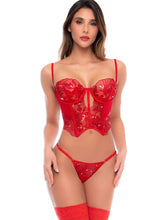 Scarlet red sequined lace corset and g-string lingerie set.