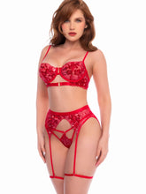 Scarlet red three-piece lingerie set with floral embroidery, underwire bra, garter belt, and matching panty.
