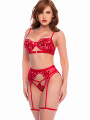 Scarlet red three-piece lingerie set with floral embroidery, underwire bra, garter belt, and matching panty.