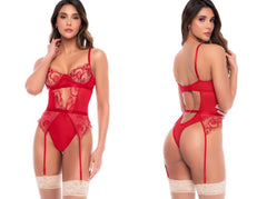 Ruby red lace teddy with sheer panels, underwire cups, cutout waist, and attached garters.