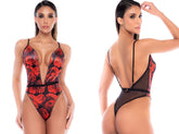 Front and back view of a black-red floral teddy with a plunging V-neck, thin straps, and sheer mesh sides.