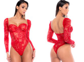 Front and back views of a red lace bodysuit with long sleeves, underwire cups, and boning details.