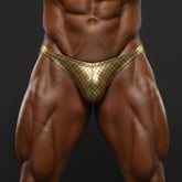 Shiny gold mesh briefs with diamond-patterned design metro male wear metallic gold check posing suit front view