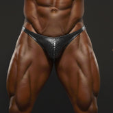 Shiny black snakeskin-patterned athletic briefs metalic snake posing suit by metromalewear front view