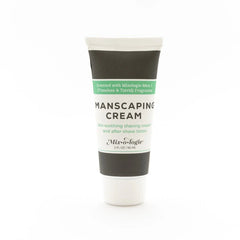 White tube of Mixologie manscaping cream shave lotion with minimalist black and green label for grooming use