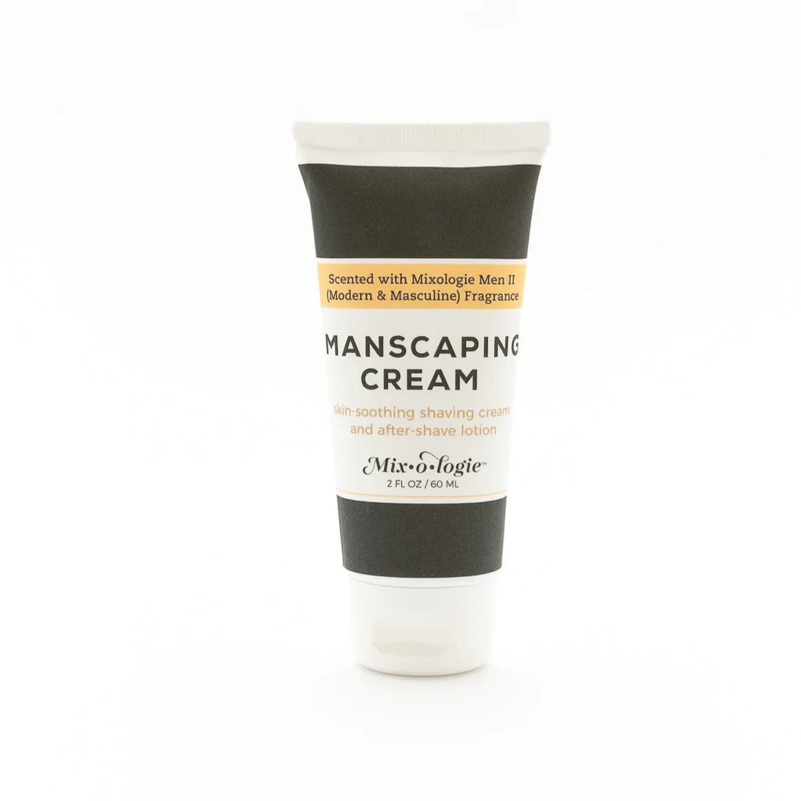 White tube of mixologie manscaping cream shave lotion sent ii with black and beige label for men’s grooming