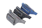 Three Nima fanny packs in grey, black, and blue, each with multiple zippered compartments, displayed on a white background.